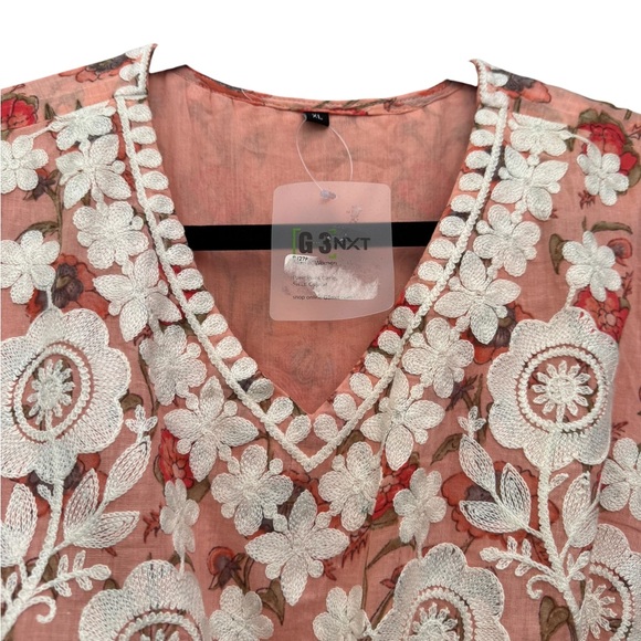 Pink Floral Embroidered Dress with Cream Lace Detail Size XL- cottagecore - Picture 9 of 15